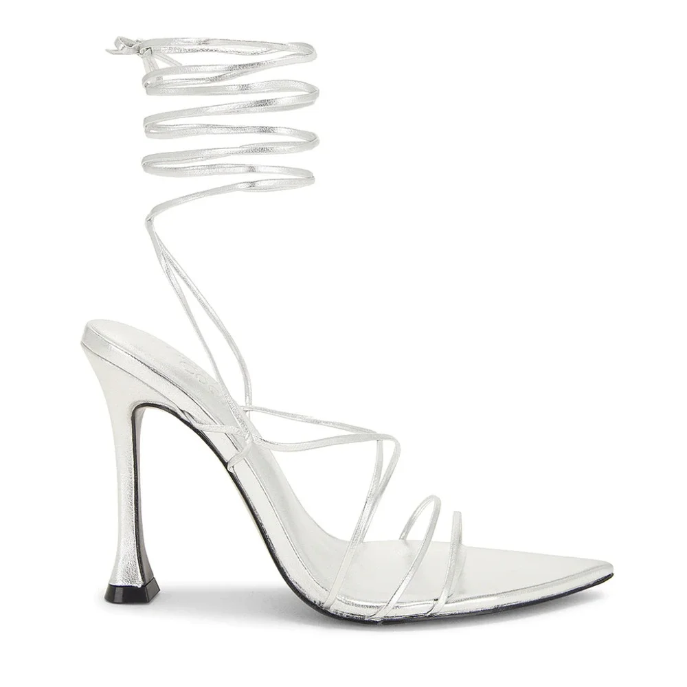 Camila Coelho Metallic Silver Wrap Sandal SIZE 9 Stiletto Heel Gladiator Party
